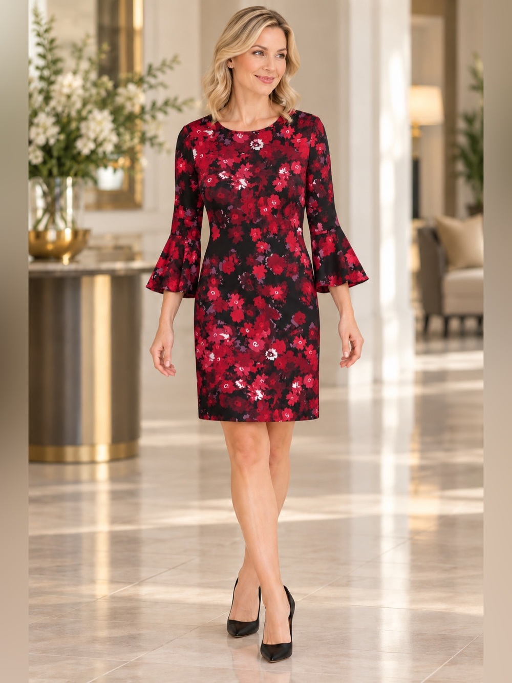 Tommy Hilfiger Size 6 Black Red Floral Bell Sleeve Sheath Dress